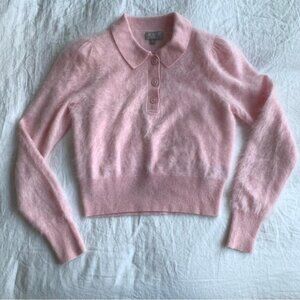 J. Crew Brushed Cashmere Baby Pink Collar Polo Puff Shoulder Sweater Pullover